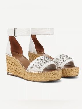 Franco Sarto Clemens7 Ankle Straps Espadrille Wedge Sandal White 10M Silver Stud